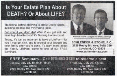 Newspaper add in the Loveland Daily Reporter Herald on July 6, 2007